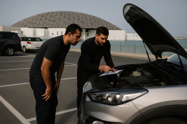 Abu Dhabi car buyers inspecting a vehicle in Saadiyat Island