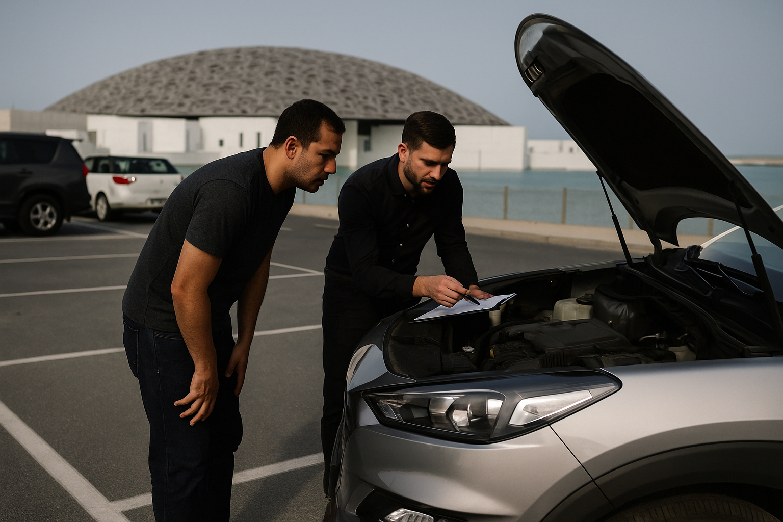Abu Dhabi car buyers inspecting a vehicle in Saadiyat Island